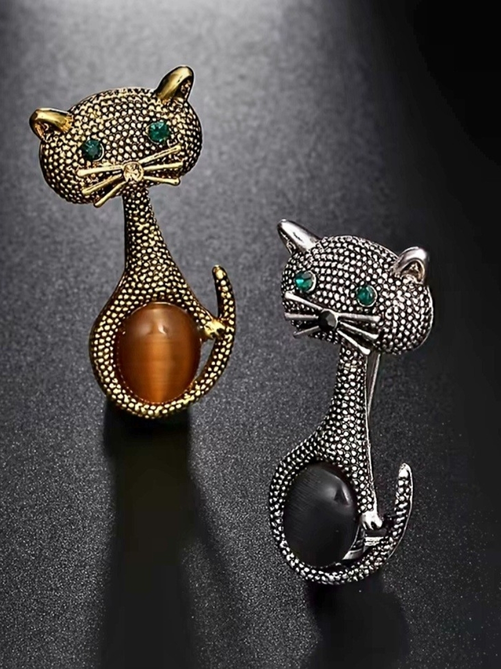 Gold and Silver Cat Brooch Pins with Gem Eyes